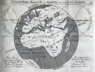 El mapa predictivo del eclipse del 12 de agosto de 1654 publicado por Erhard Weigel, con sucesivas posiciones de la sombra sobre una Tierra vista desde la Luna. Fuente: Weigel, De Eclipsibus (Jena, 1654), p. 1. Thüringer Universitäts- und Landesbibliothek Jena.