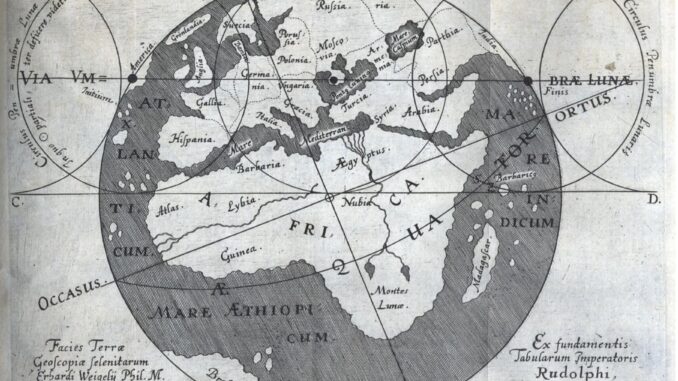 El mapa predictivo del eclipse del 12 de agosto de 1654 publicado por Erhard Weigel, con sucesivas posiciones de la sombra sobre una Tierra vista desde la Luna. Fuente: Weigel, De Eclipsibus (Jena, 1654), p. 1. Thüringer Universitäts- und Landesbibliothek Jena.