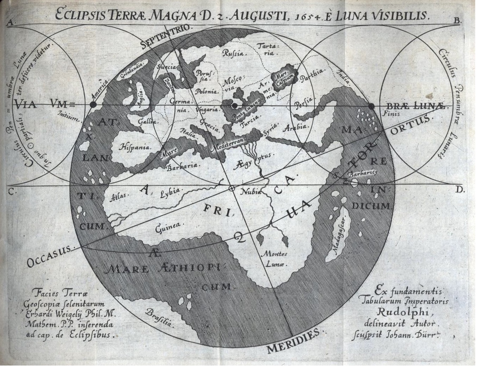 El mapa predictivo del eclipse del 12 de agosto de 1654 publicado por Erhard Weigel, con sucesivas posiciones de la sombra sobre una Tierra vista desde la Luna. Fuente: Weigel, De Eclipsibus (Jena, 1654), p. 1. Thüringer Universitäts- und Landesbibliothek Jena.