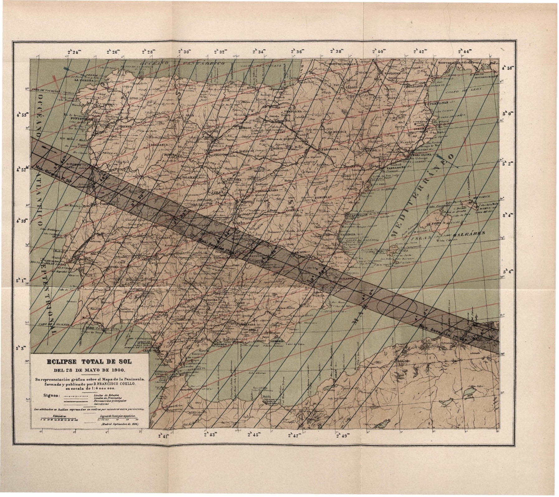 Carta de Antonio Tarazona para el eclipse total del 28 de mayo de 1900. Sobre la base peninsular superpone la franja de totalidad y las isolíneas rojas y azules que permitían interpolar las horas locales de comienzo y fin. Fuente: Tarazona, Memoria sobre el eclipse total de Sol del día 28 de mayo de 1900 (Madrid, 1899), Biblioteca Nacional de España.